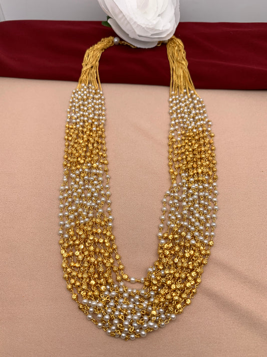 Pearl Bunch and Gold Beads 15 Line Necklace