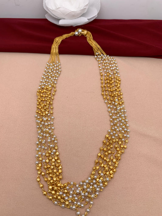 Pearl Bunch and Golden Beads 8 Line Necklace