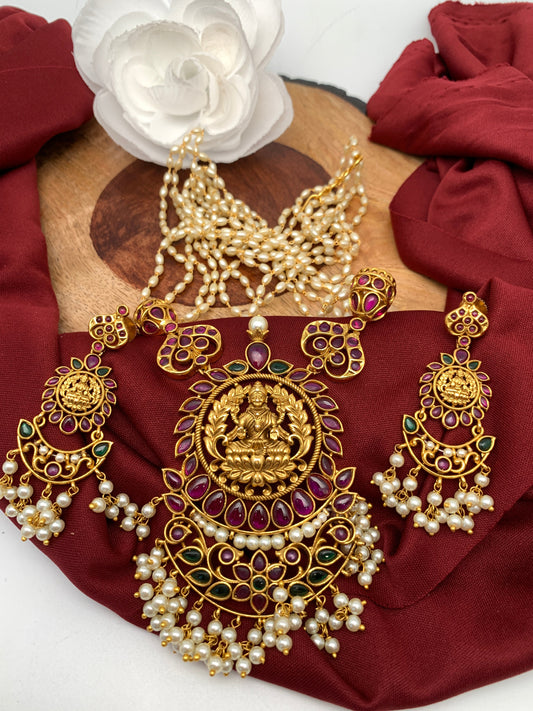 Goddess Lakshmi Red Kemp Rice Pearl Mala Nakshi Pendent Set