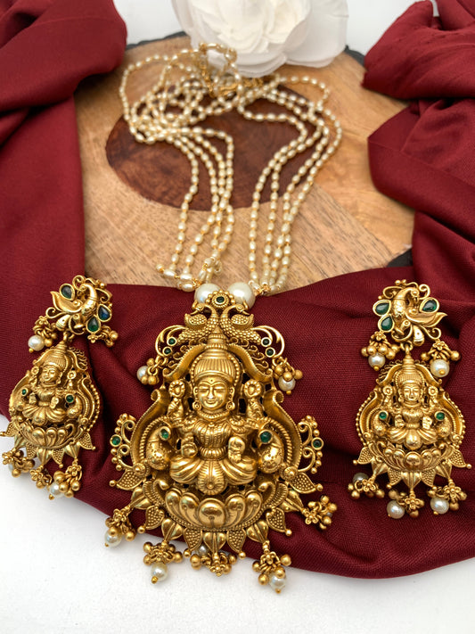 Goddess Lakshmi Premium Matte Rice Pearl Mala Nakshi Pendent Set