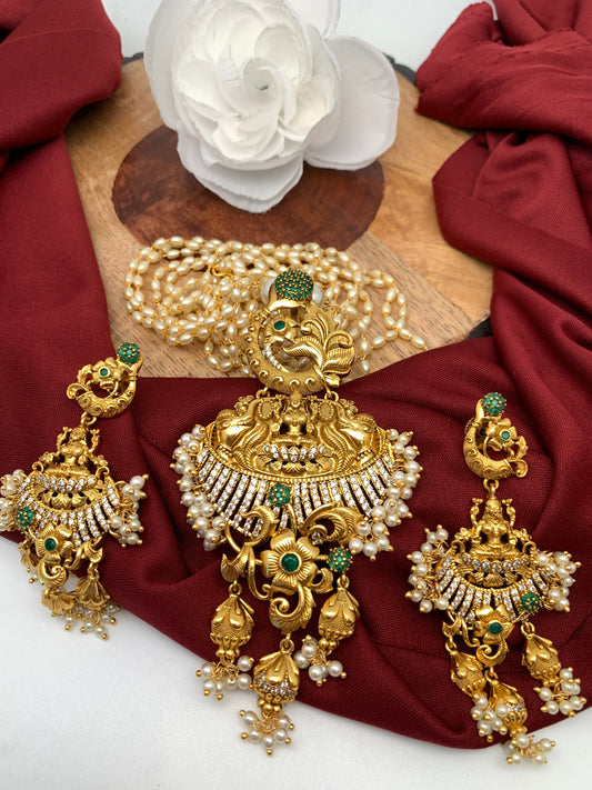 Goddess Lakshmi Premium Matte Finish Nakshi Pendent Set With Rice Pearl Mala