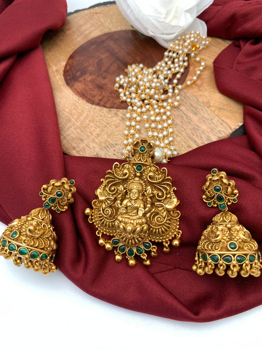 Goddess Lakshmi Premium Matte Finish Nakshi Pendent Set With Pearl Mala