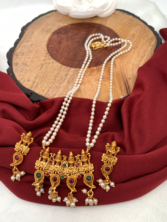 Goddess Lakshmi Red Green Multi Stone Pendent Set With Pearl Mala