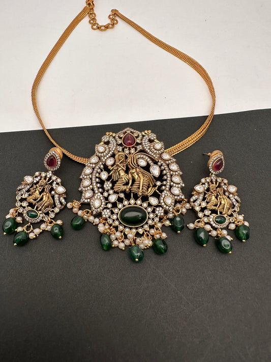 Radha Krishna Nakshi Green and Red Stone Kundan Victorian Mehndi Finish Pendent Set