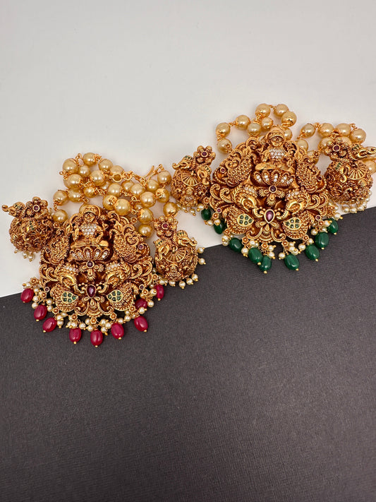 Goddess Lakshmi Nakshi Red Green Stone Color Beads Pendent Set - Red