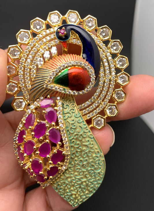 Peacock with American diamonds Ruby stones and meenakari Paint Pendent Set