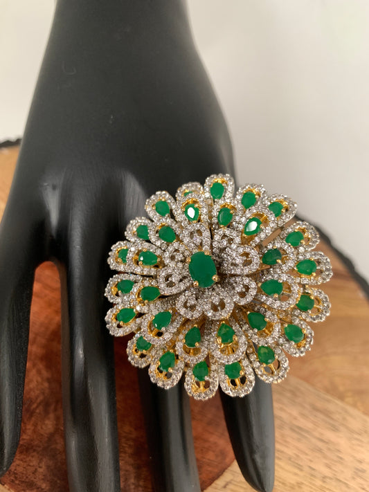 AD Green Stone Multi Layer Floral Round Ring