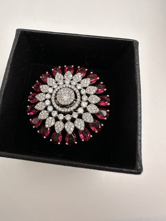 AD Silver Adjustable Color Stone Cocktail lRing - Red