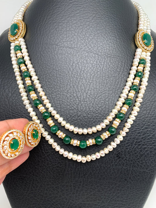 Emerald Green Side Pendent Set with Real Pearls Neckalce