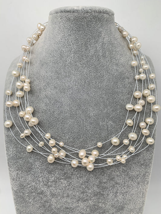 Eight line Real Button Pearls Necklace