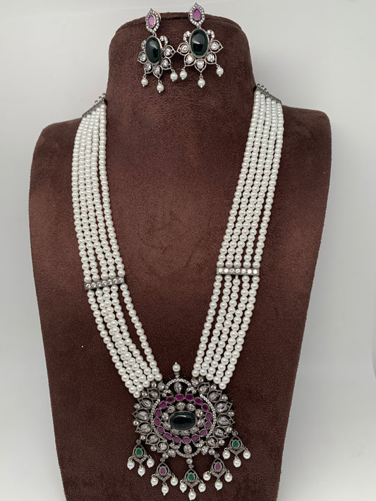 Shell Pearl Raani Haar with Victorian Polish Pink and Green Stone Moissanite Pendent