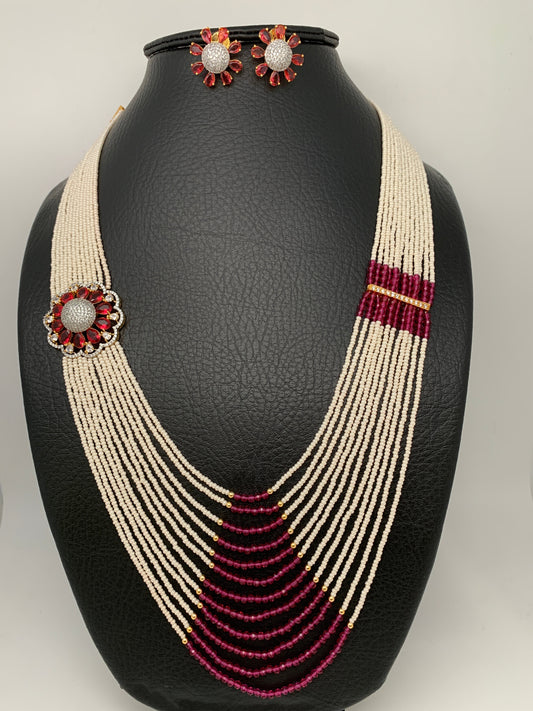 Small Pearl Rani Haar with CZ Wine Red Stone Side Pendent