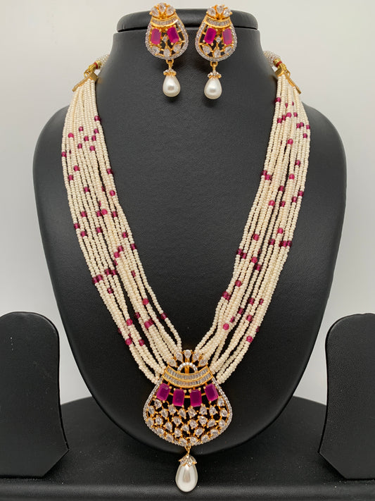 Small Pearl Red Stone AD Pendent Short Necklace