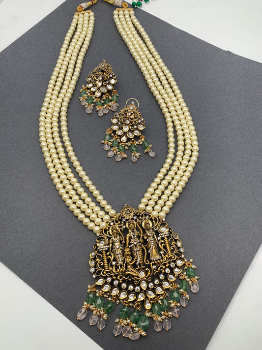 RamParivar Kundan Antique Victorian Polish Pendent Pearl Mala Necklace