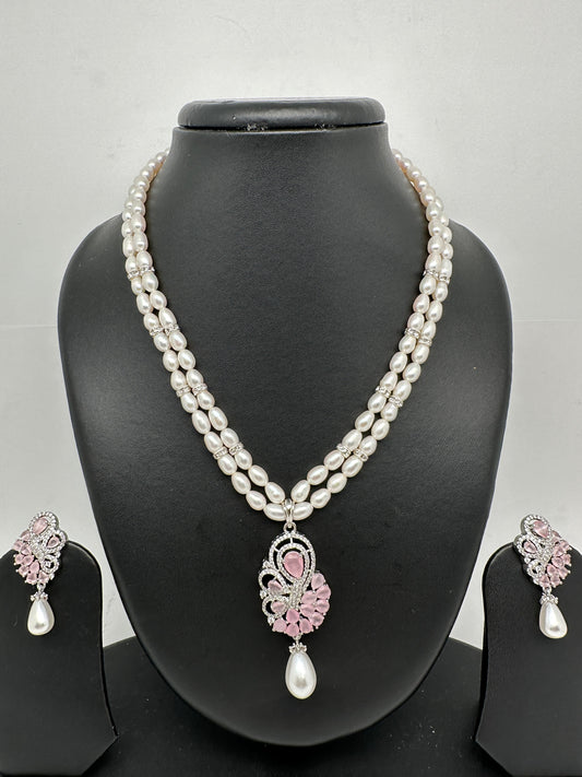 Pink Stone AD Pendent Double Line Real Kalagi Freshwater Pearls Necklace