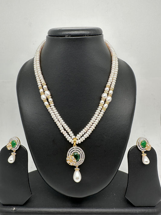 Green Stone AD Pendent Double Line Real Freshwater Pearls Necklace