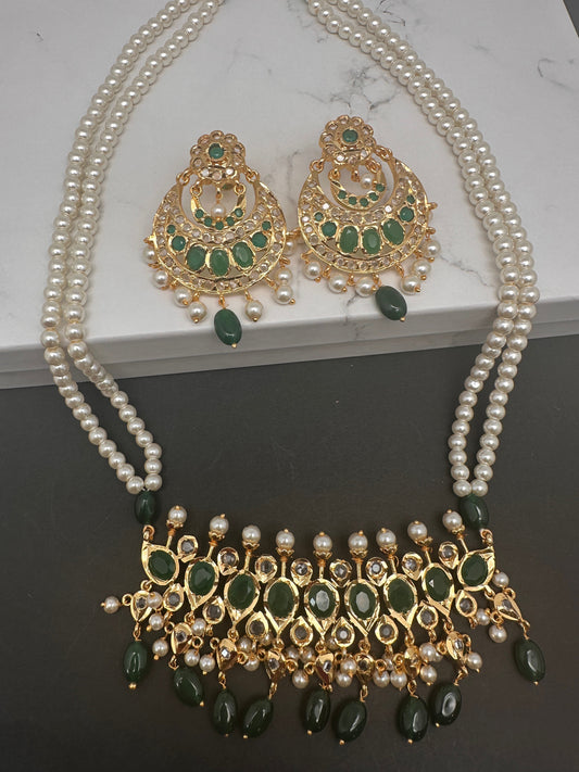 Color Stone Hyderabadi Jadau Pendent Double Line Pearls Necklace - Green