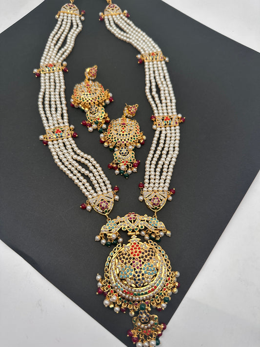 Navratan Stone Hyderabadi Jadau Pendent Pearl Raani Haar Necklace