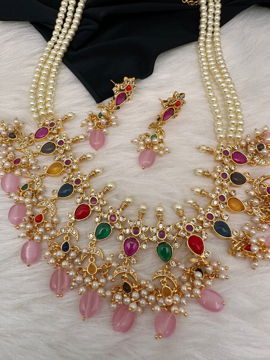 Navratan Pink Beads Pearls Mala Necklace