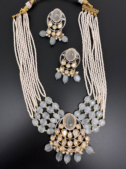 Kundan Grey Stone Short  Pearls Necklace