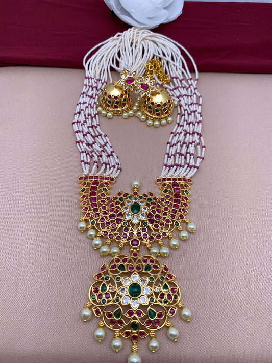 Pink Beads Micro Pearl Beads Red Green Stone CZ Pendent Long Necklace