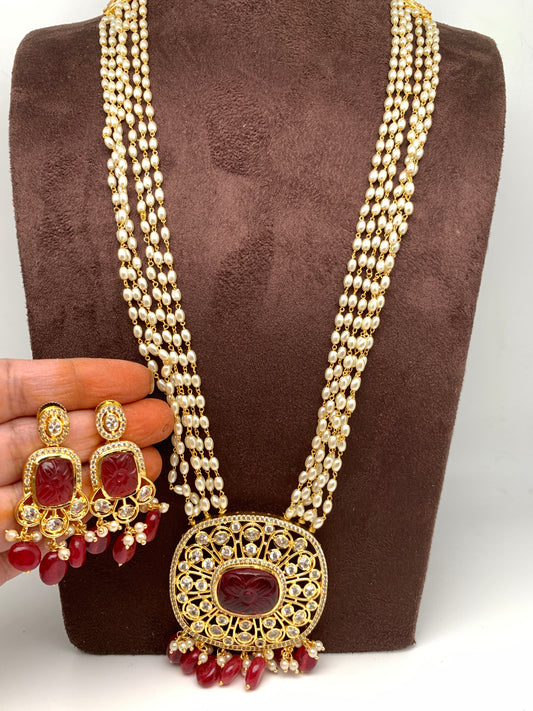 Red Stone CZ Red Beads and Rice Pearl Long Rani Haar
