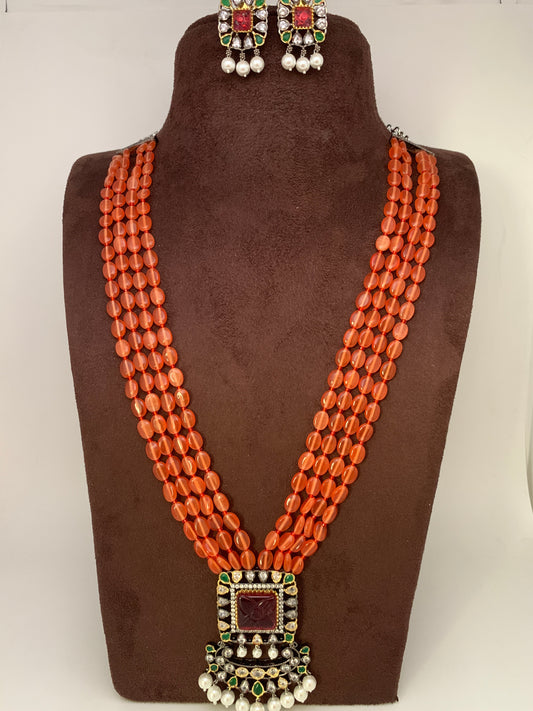 Red Green Stone AD Victorian Polish Pendent and Orange Monalisa Beads Necklace