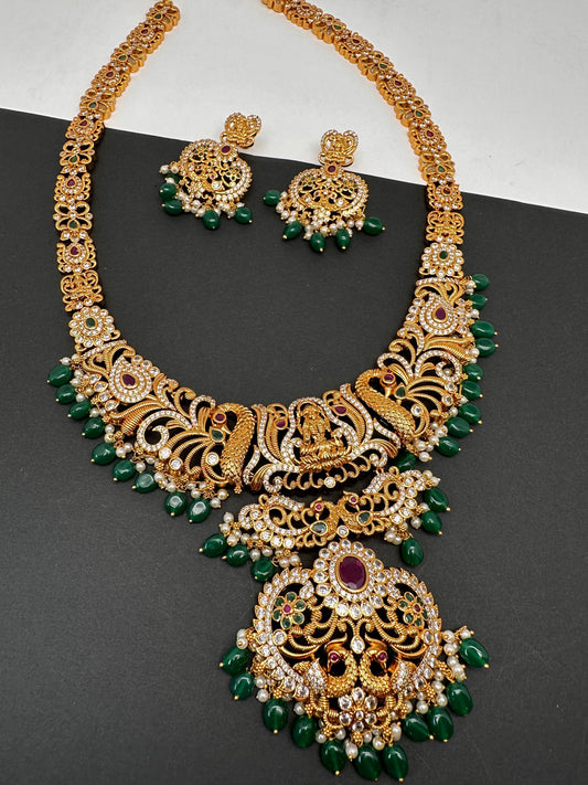 Goddess Lakshmi CZ Multi Stone Green beads Peacock Pattern Long Necklace