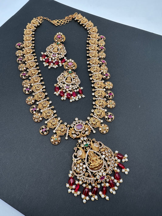 Goddess Lakshmi Peacock Links Red beads CZ Matte Finish Necklace