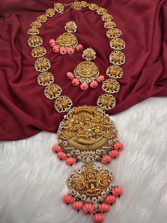 Lord Vishnu Goddess Lakshmi CZ Pink Pumpkin beads Necklace