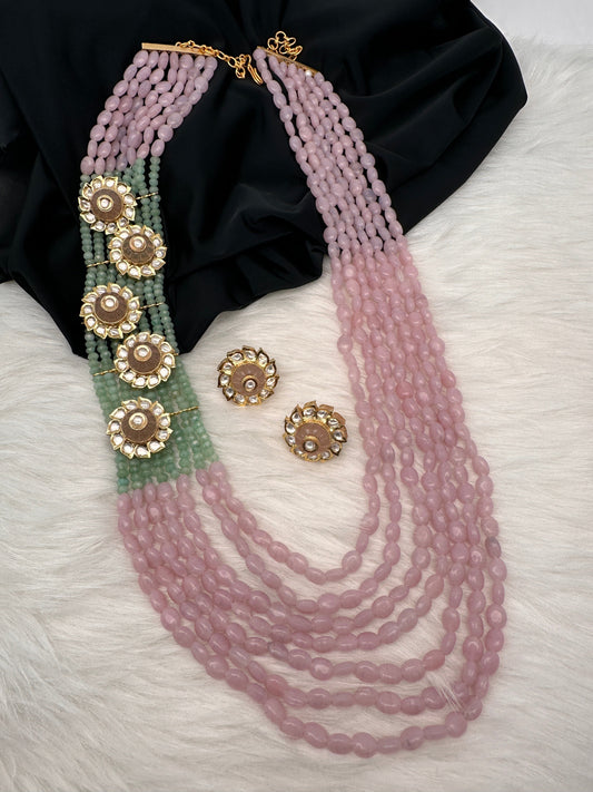 Pastel Pink and Green Long Multi Layer Necklace