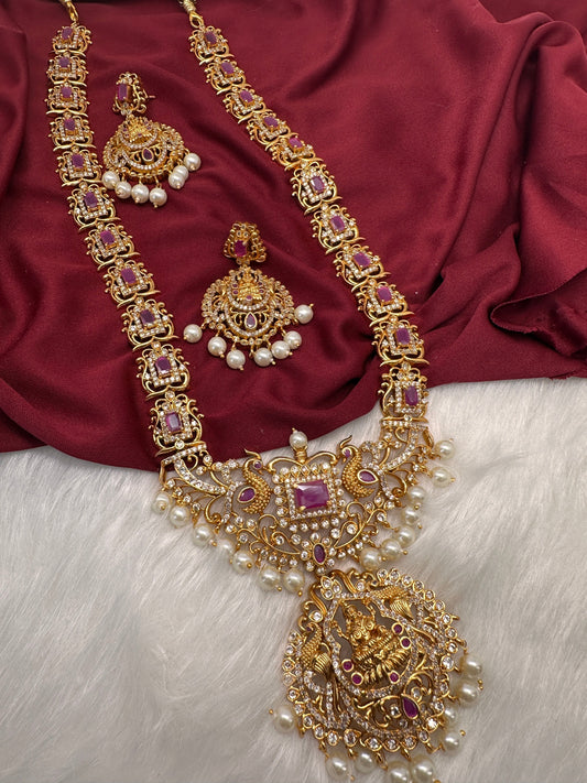Goddess Lakshmi Green Stone Pearls Matte Finish Necklace - Red
