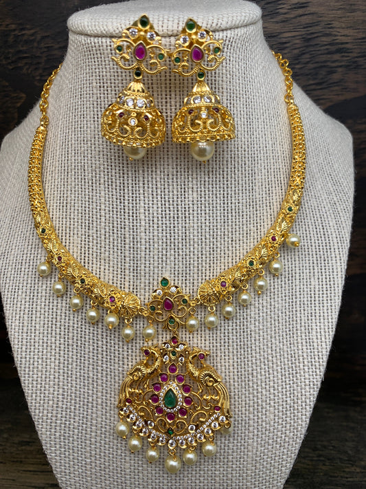 Red Green Stone CZ Pearls Peacock Pendent Kanthi Neckalce