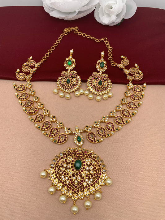 Red Green Stone Mango Matte Finish Short Necklace