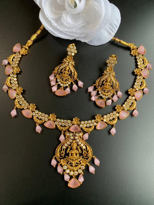 Pink Stone Goddess Lakshmi Matte Finish Short Necklace