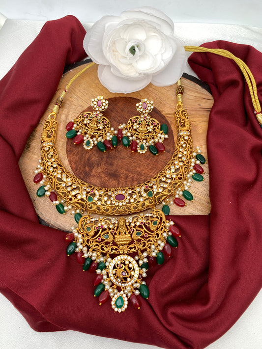 Goddess Lakshmi Red Green Beads Kanthi Neckline Necklace
