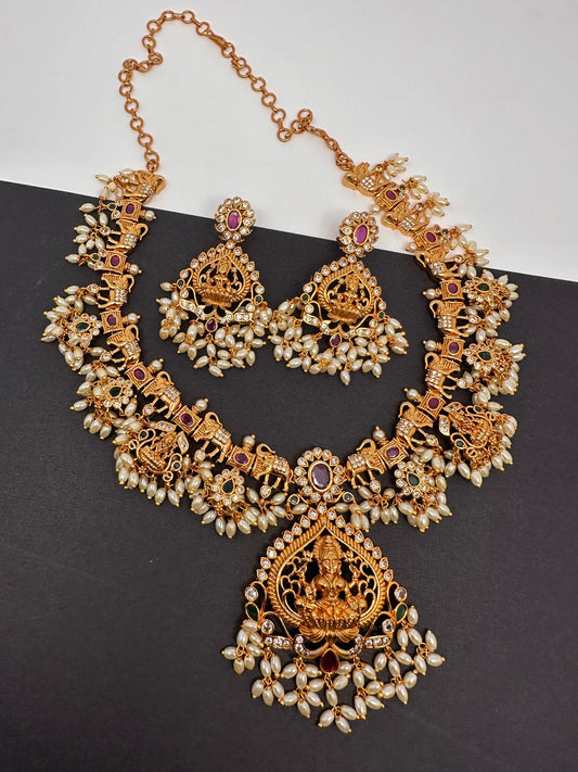 Goddess Lakshmi Elephant Rice Pearls Short Guttapusalu Necklace