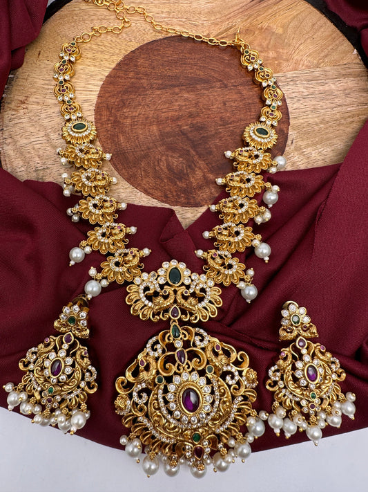 Red Green Multi Stone CZ Matte Finish Peacock Design Ethnic Necklace