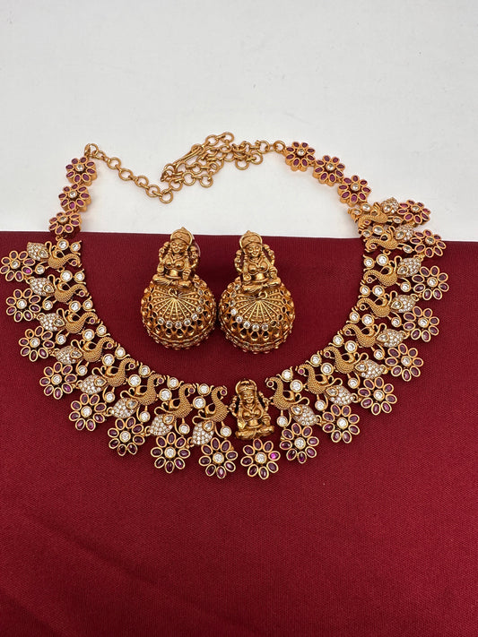 Goddess Lakshmi Premium Matte Peacock Floral Design Necklace - Red