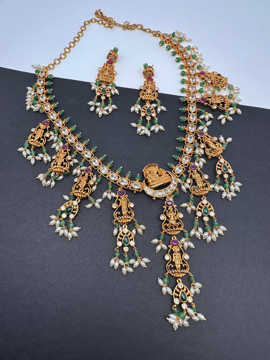 Dashavataram CZ Red Green Stone Rice Pearls Green Beads Guttapusalu Necklace