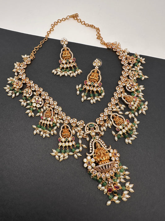 Goddess Lakshmi CZ Red Green Stone Rice Pearls Guttapusalu Necklace
