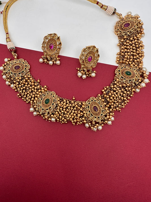 Red Green Stone Cluster Golden beads Ethnic Necklace