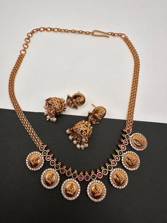 Goddess Lakshmi CZ Red Green Stone Chain Style Dainty Necklace