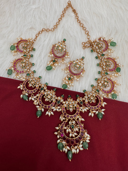 Red Kemp Floral Chandballi Green Beads Rice Pearls Guttapusalu Necklace