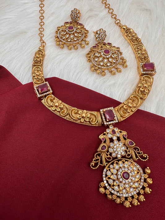 CZ Color Stone Nakshi Kanthi Necklace - Red