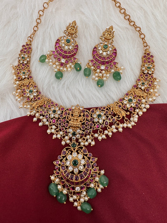 Kempu Goddess Lakshmi CZ Green Beads Rice Pearls Guttapusalu Necklace