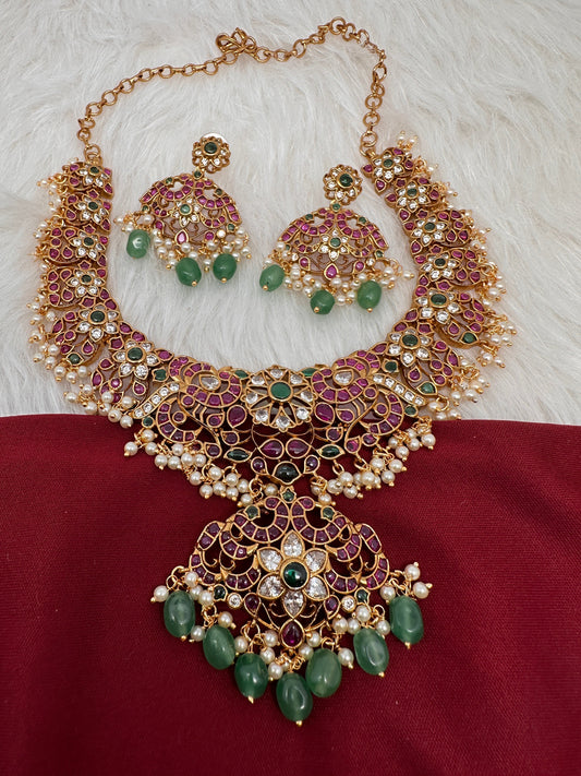 Kempu Peacock CZ Green Beads Rice Pearls Guttapusalu Necklace