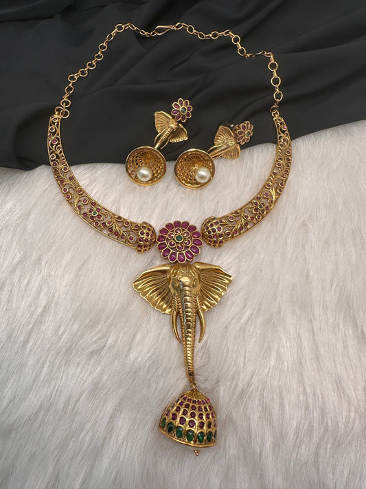 Eelphant Design Kempu Nakshi Kanthi Necklace