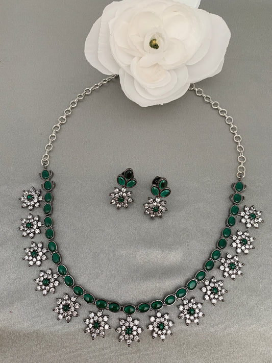 CZ Florets Green Stone Chain Victorian Finish Neckalce