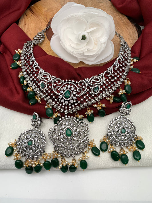 AD Green Stone Green Beads Pearls Victorian Finish Stiff Neckline Neckalce